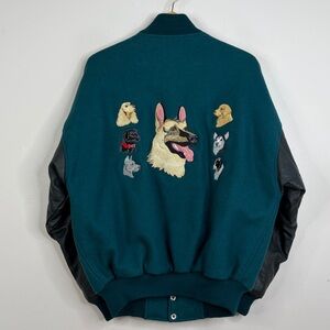 Vintage Varsity Jacket Mens Large Green Blue Wool Black Leather SPCA Dog Lover